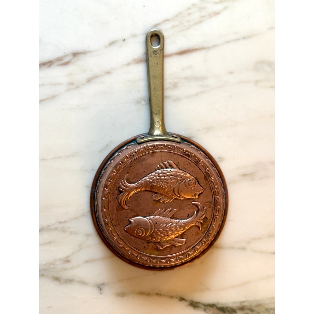 Vintage Copper Fish Pan Mold Brass Handle Coastal Kitchen Wall Decor